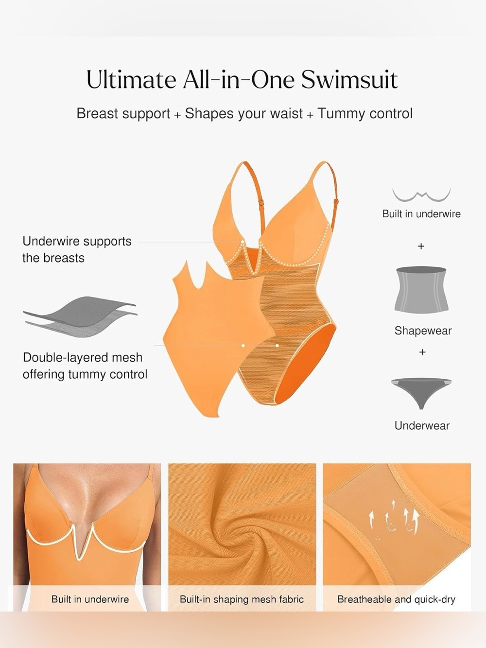 Popilush Tummy Control Deep V Neck Slimming Swimsuit - Picture 3 of 8